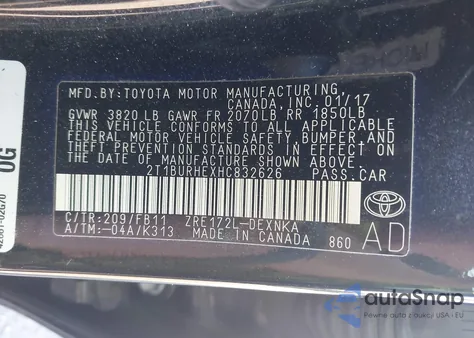 2017 Toyota Corolla Le from USA, damaged, VIN 2T1BURHEXHC832626